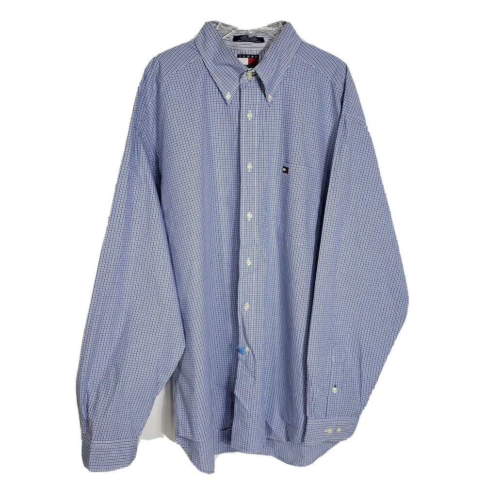 Tommy Hilfiger Mens Shirt Large Button Long Sleeve Plaid Blue Cotton Logo Pocket